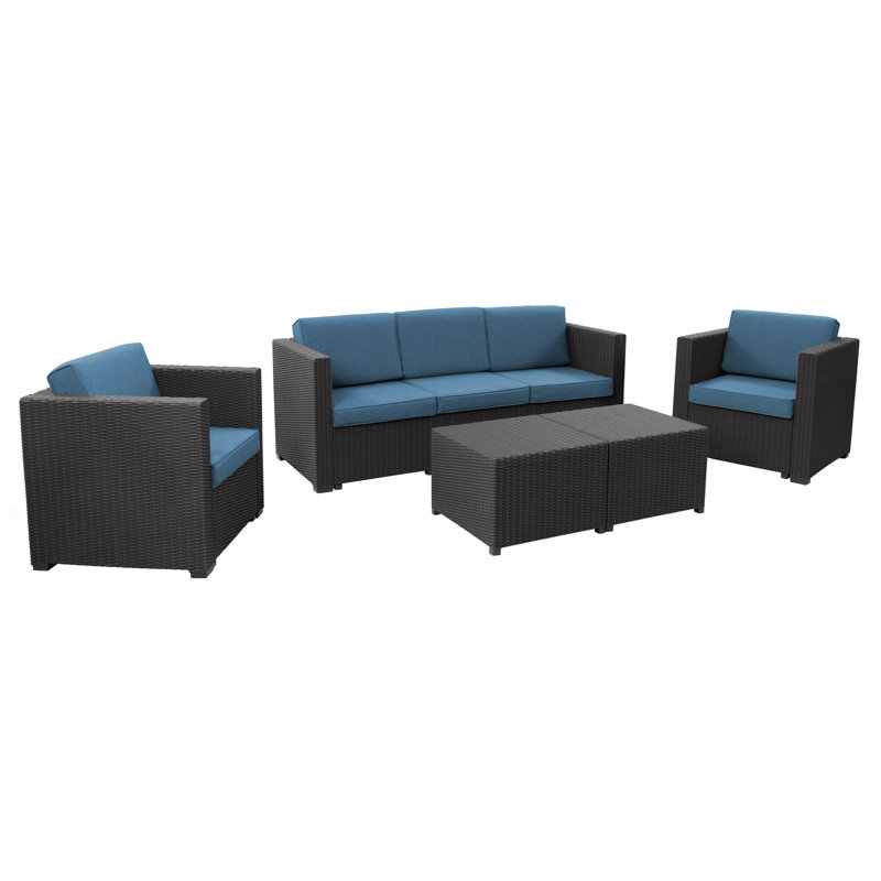 Ensemble de conversation modulaire en rotin 5 pièces avec coussins Artishia, Bleu, Noir