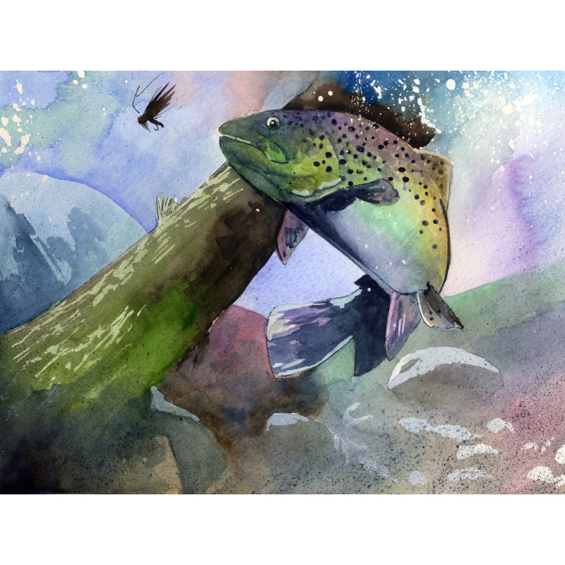 «Trout Fly», reproduction de peinture à l'aquarelle, H 18 po x l 24 po x P 1,5 po, Toile tendue, Pas de tapis