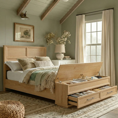 Lit en bois avec rangement à 4 tiroirs et banc, base de lit plateforme géométrique