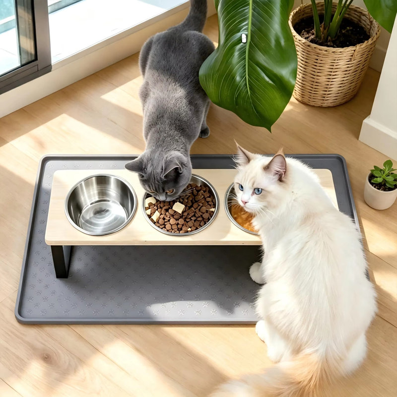 Triple Stainless Steel Pet Bowl Feeder with Bamboo Stand and Non‑Slip Silicone Mat for Cats & Small Dogs