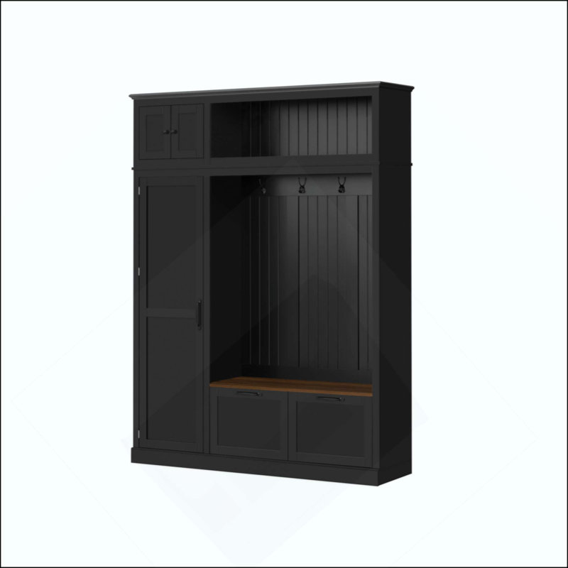 3-In-1 Hall Tree With Overhead Storage Cabinet, 3 Adjustable Side Shelves, 4 Heavy-Duty Hooks, 2 Spacious Drawers, Grooved Back Panel Design, Contrasting Seat Bench, Multifunctional Entryway Organizer