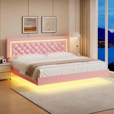 Modern LED Bedroom Furniture Set – Floating Bed & 2 LED Nightstands with Charging Station