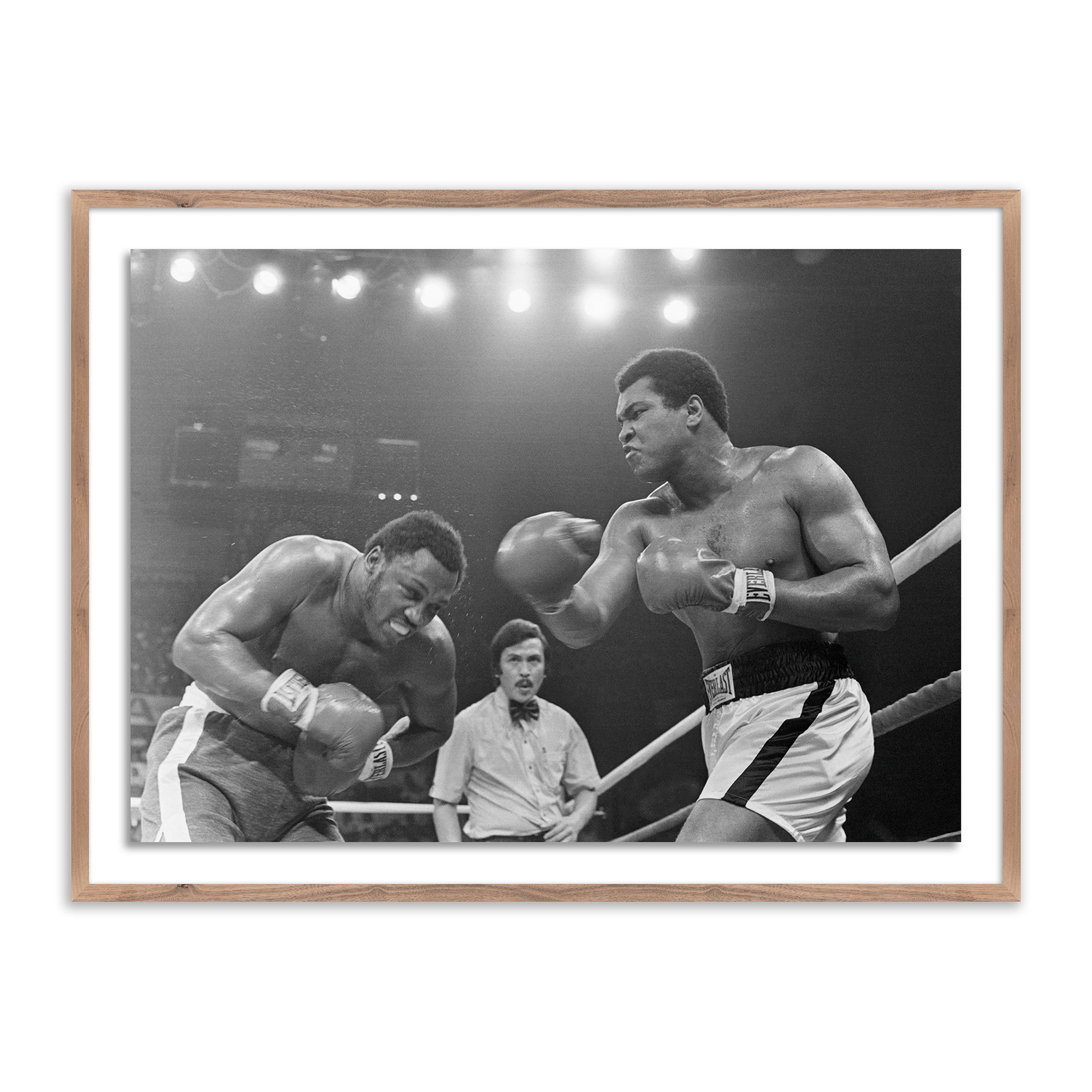Muhammad Ali Punching Joe Frazier by Getty Images, Rustic Walnut Framed, 24" H x 32" W