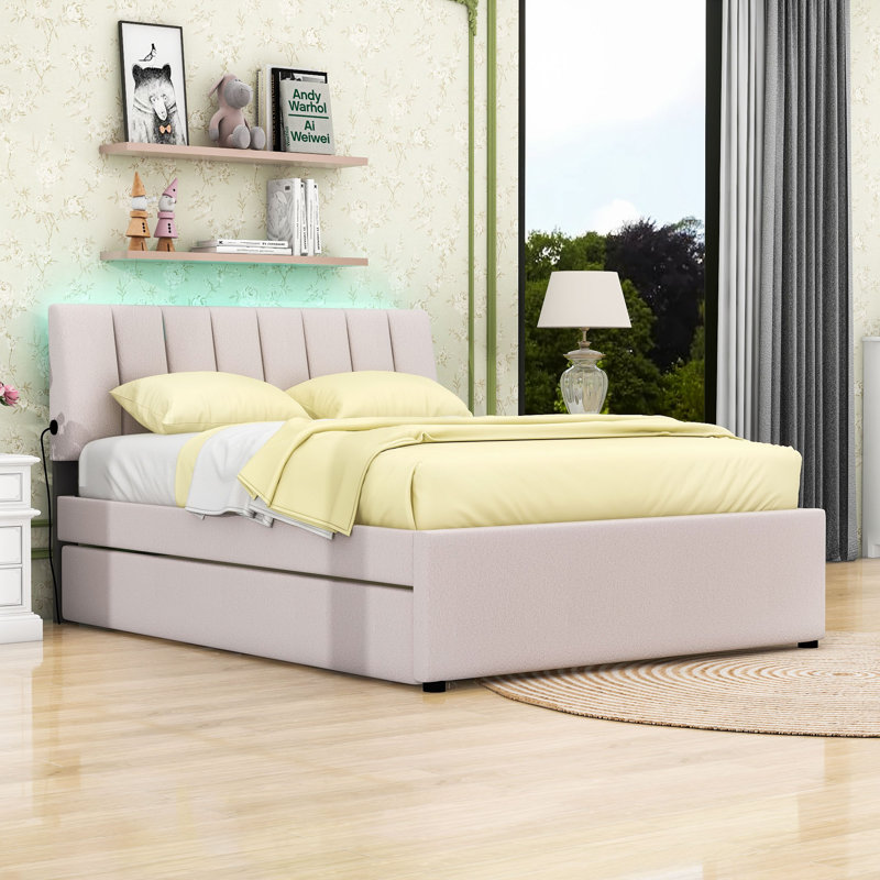 Lit plateforme tapissier avec lit gigogne simple et lumière DEL, Beige, Double