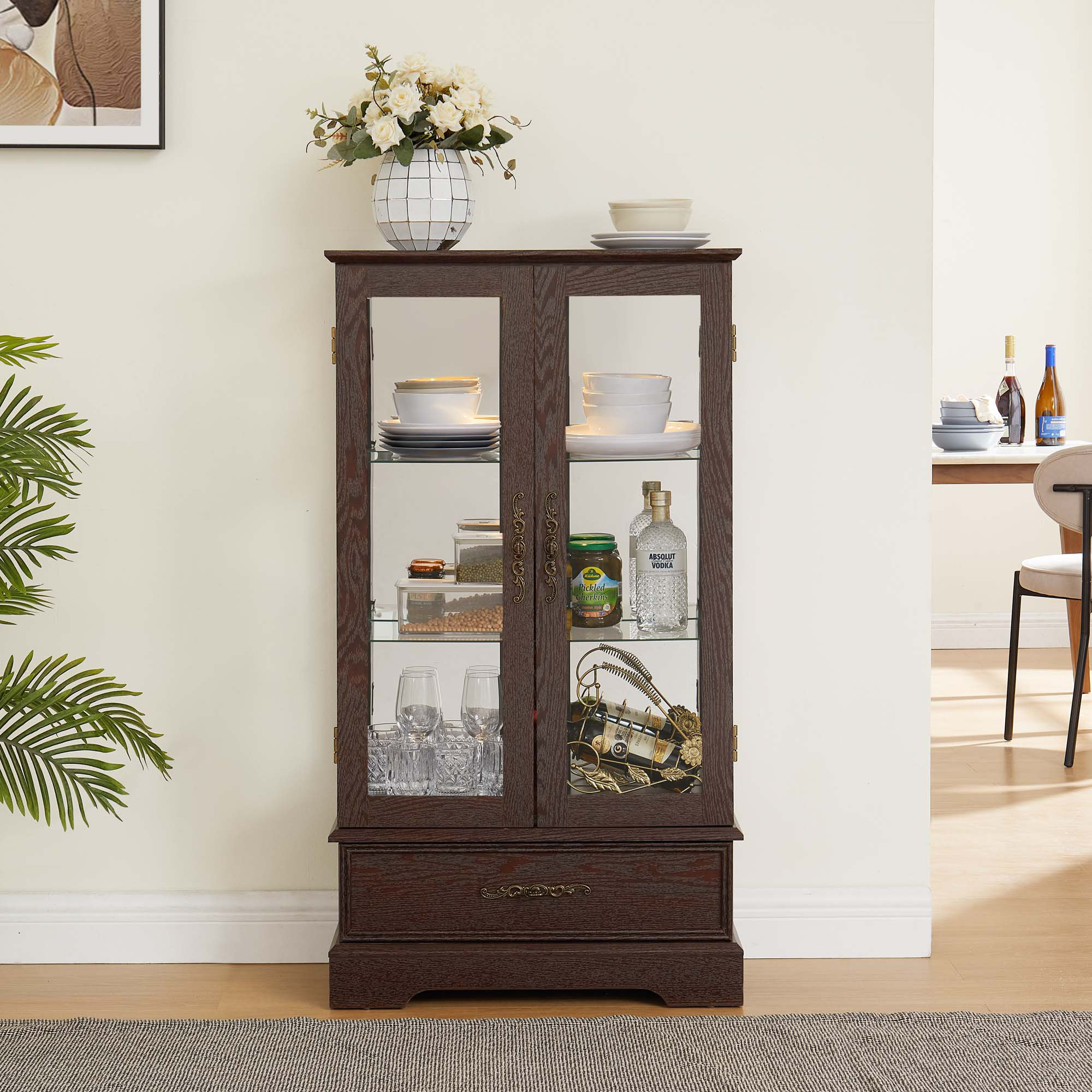 Lark Manor Glass Display Cabinet With Adjustable Glass Shelves, 2 Doors, 1 Drawer & Bulb | Wayfair