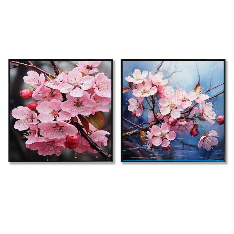 Richard - Ensemble de 2 collages carrés de fleurs de pommiers, Cadre flottant noir, H 16 po x l 33 po
