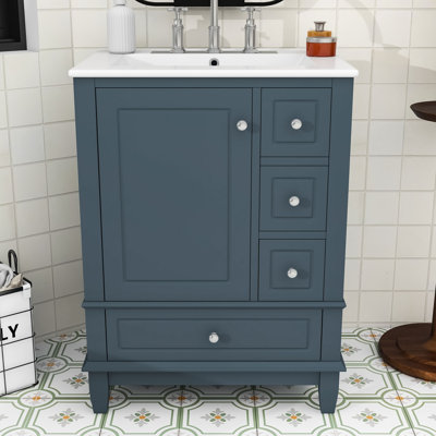 Meuble-lavabo autoportant avec lavabo en céramique 3 tiroirs et armoire de rangement