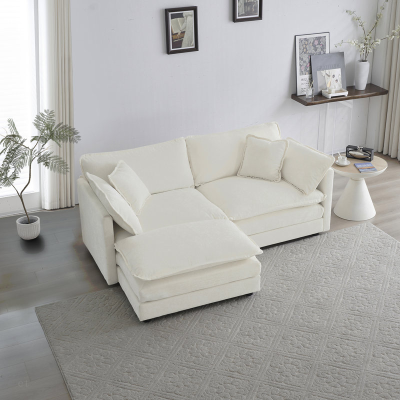 Canapé en chenille deux places avec 1 repose-pieds, canapé modulaire en L avec repose-pieds 2 places, causeuse avec repose-pieds pour petit espace en chenille