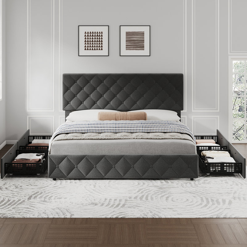Bed Frame With Adjustable Headboard And 4 Storage Drawers, Linen Upholstered Platform Bed Frame, Gray, Full