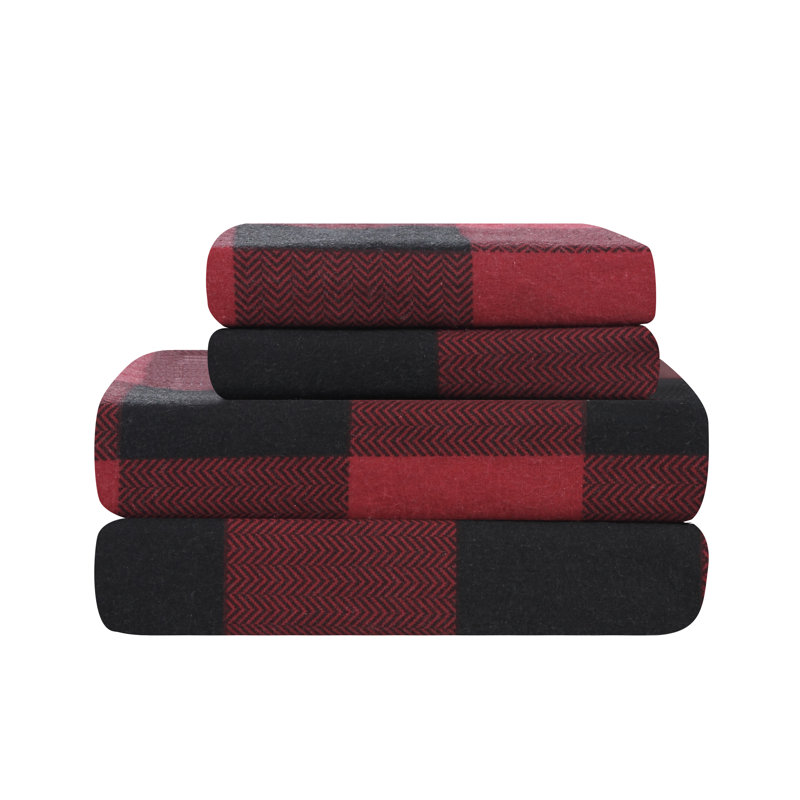 Lithium 100% Cotton Flannel Plaid Sheet Set, Full, Red/Black 