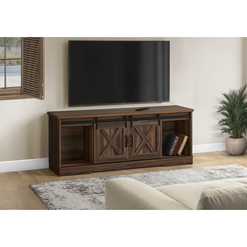 60-Inch Modern Farmhouse TV Stand With Sliding Barn Doors And Adjustable Storage For Living Room Or Bedroom Entertainment Center.