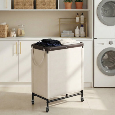 Laundry Hamper with Wheels, Rolling Laundry Cart, Dirty Clothes Basket for Hotels, Bathrooms, Dormitories, Medium 100L, 2-Section, Beige