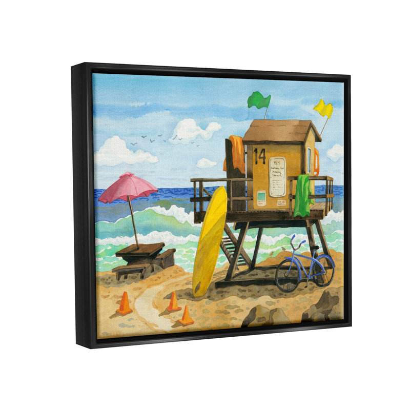 «Lifeguard Hut On Beach» encadré sur bois par Robin Altman, peinture, 17" H x 21" W x 1.7" D, Cadre flottant noir de jais