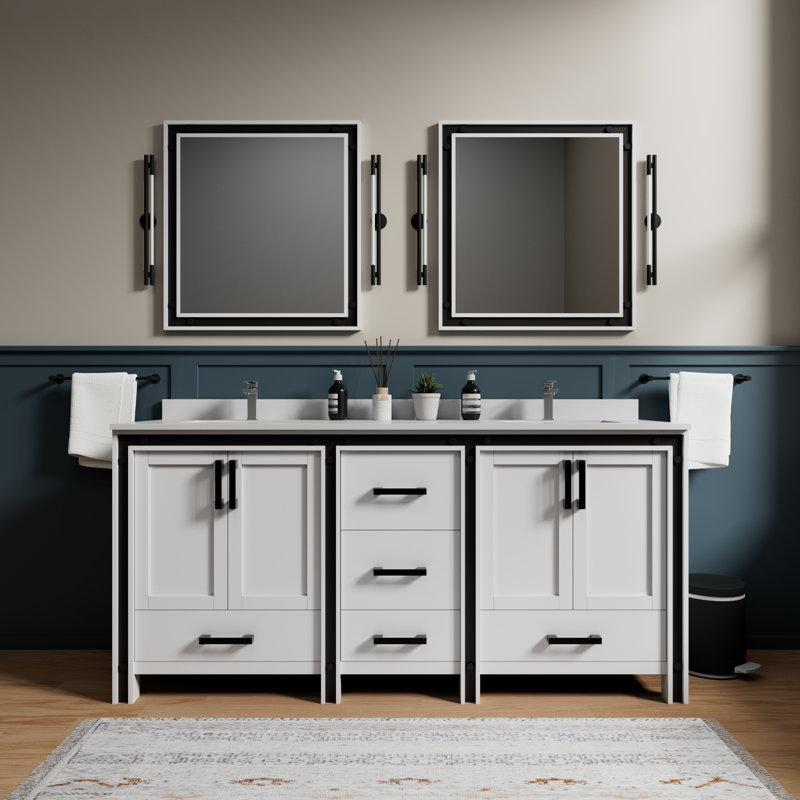 Ziva 72 in W x 22 in D Double Bath Vanity, White Top, 30 in Mirrors and Chrome Faucet Set, White, White Quartz