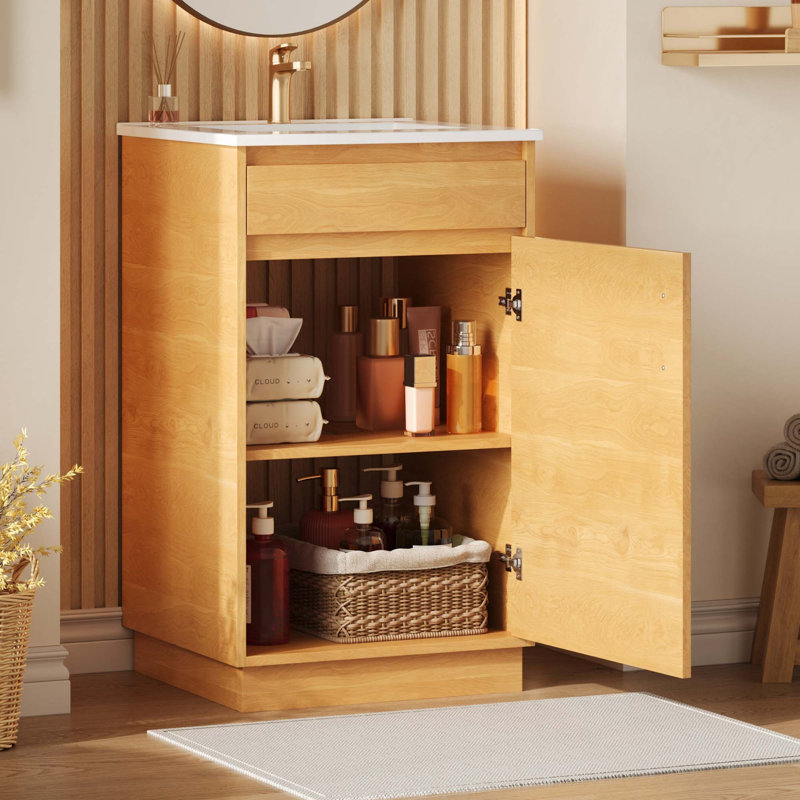 Meuble-lavabo de 20 pouces avec lavabo en céramique, ensemble de meuble-lavabo simple autoportant avec porte à fermeture douce, tablette réglable