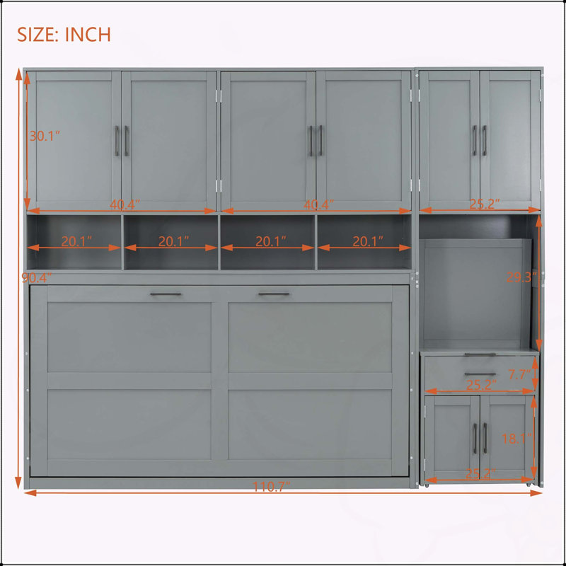 Lit escamotable simple avec placard, gris