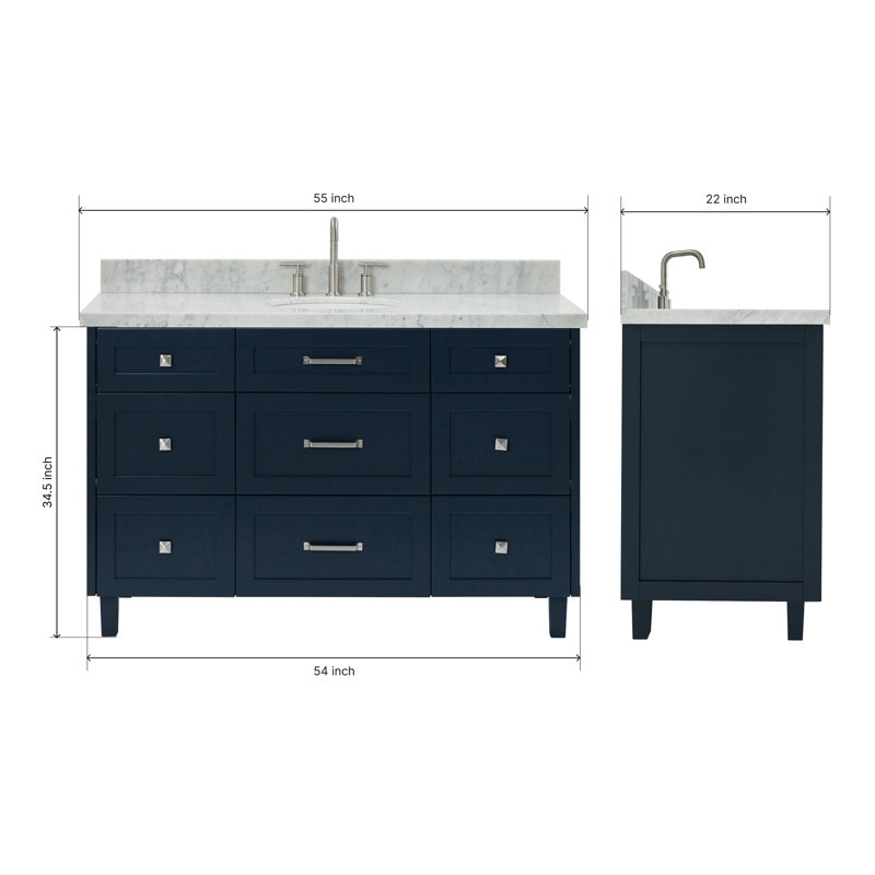 ARIEL Monroe 54 Single Sink Bathroom Vanity with Carrara Quartz Top, 55", Carrara White Marble, Midnight Blue