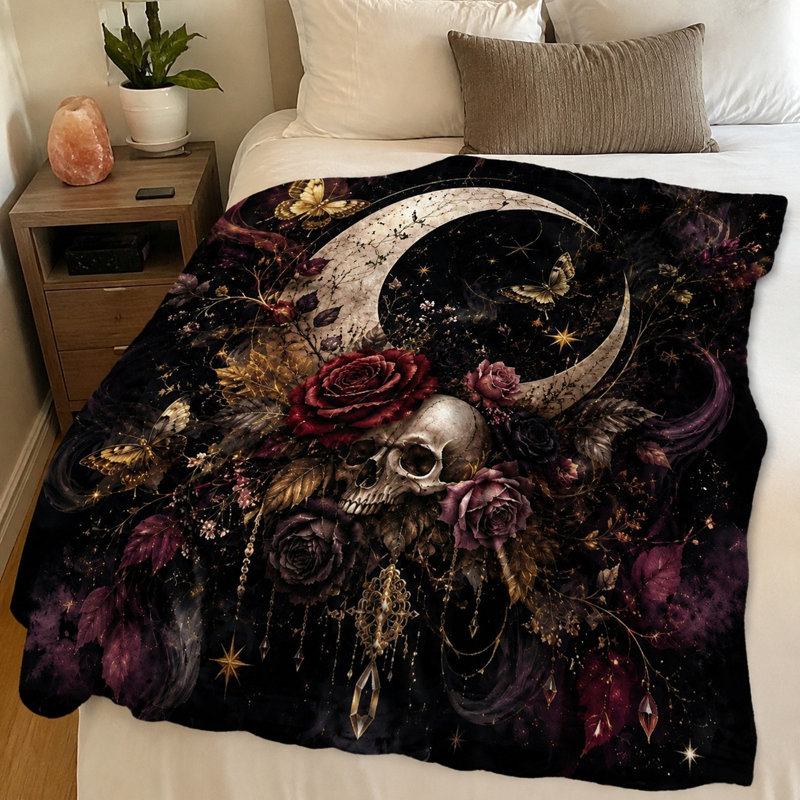 Couverture en peluche imprimée de crânes gothiques, lune et roses, parure de lit artistique à motif floral sombre pour canapé, chambre, salon et décoration intérieure