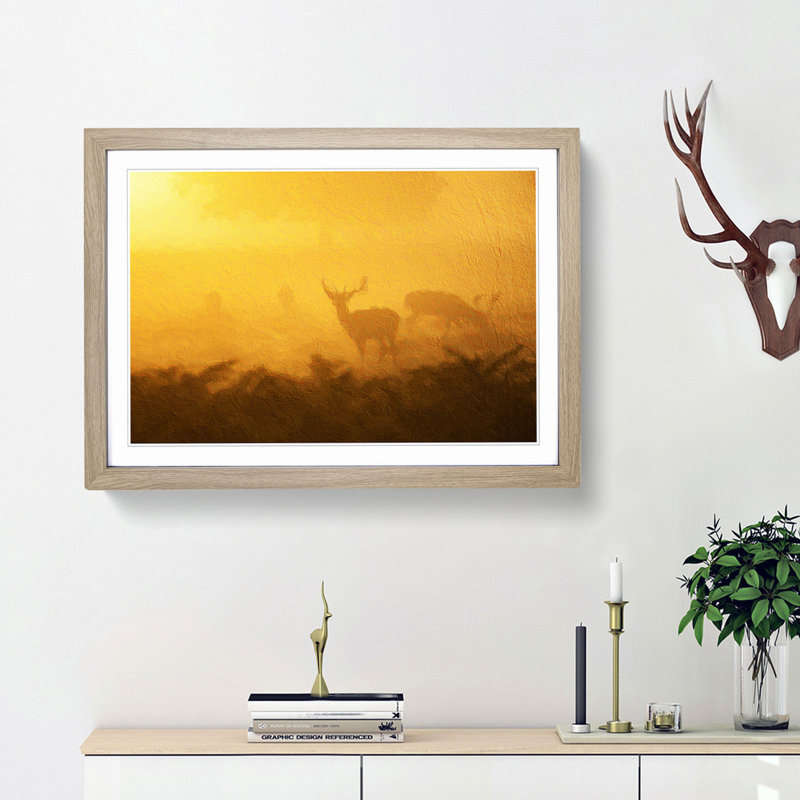Grazing Stag Deer - Picture Frame Painting Print, Oak Framed, 36cm H x 48cm W x 2cm D