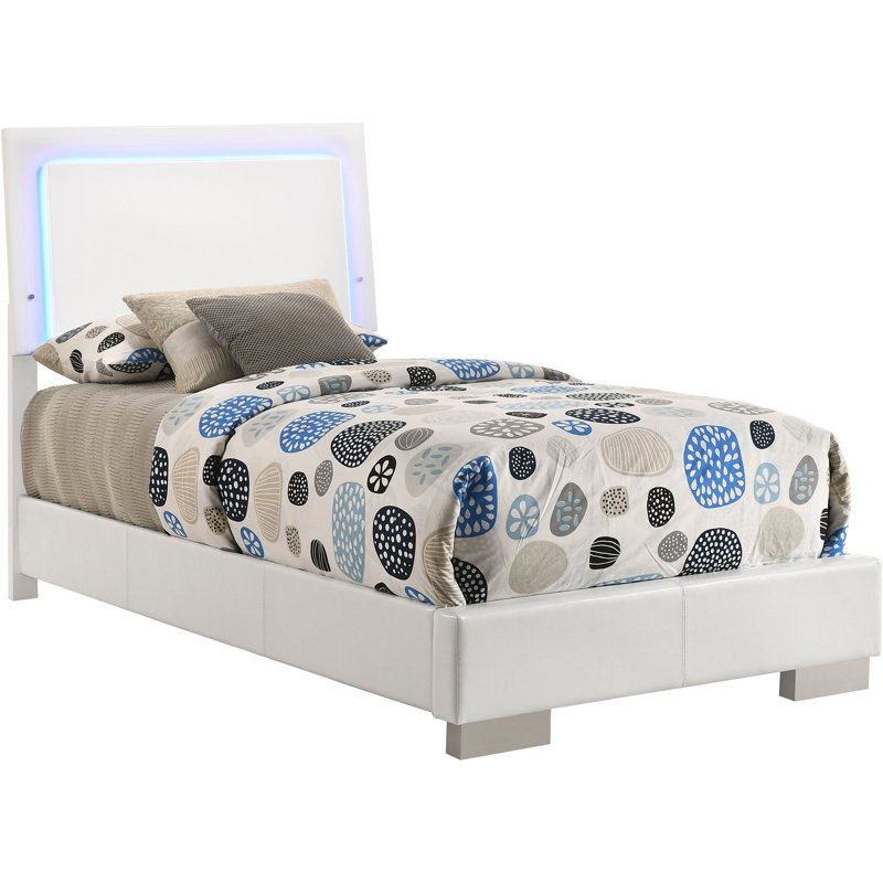 Twin Led Panel Bed Of White High Gloss With Slat Detailing And Four Support Pillars For Bedroom Decor, 48.5 Inches Featuring Gloss, Lighting, Stable Braces Aesthetics, 42.75 Wide
