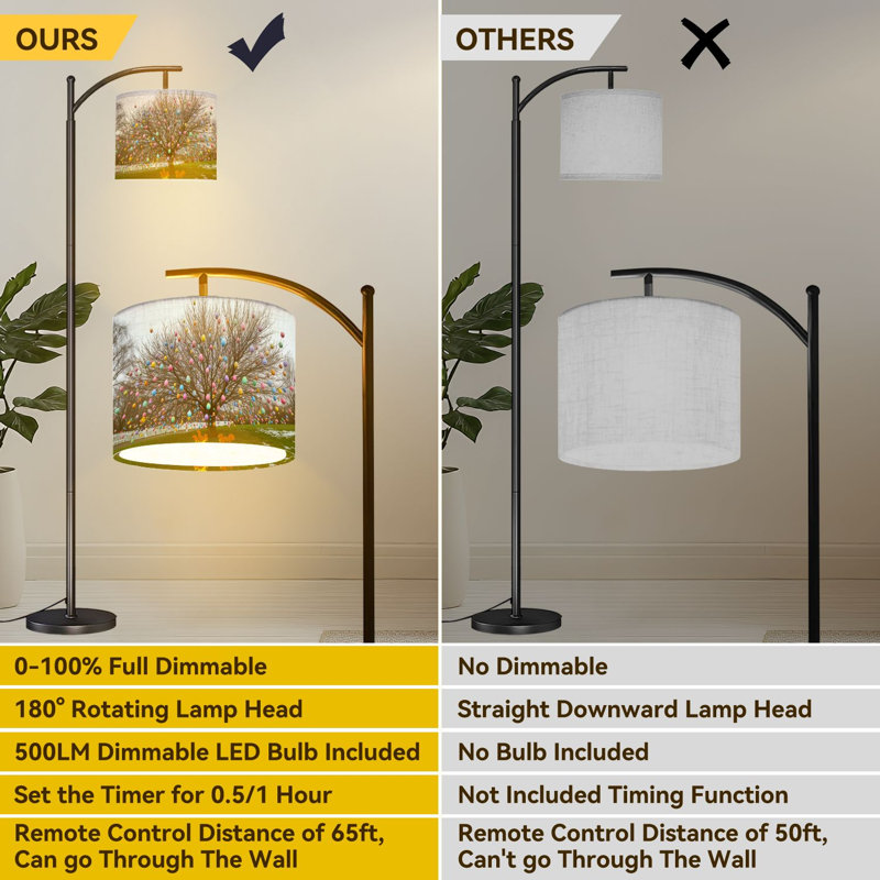 Arc Floor Lamp Colorful Easter Egg Tree Squirrels Flowers Spring Landscape Floor Lamps with Remote LED Lights Adjustable Lamp Shades Tall Standing Lamps for Reading Office Living Room