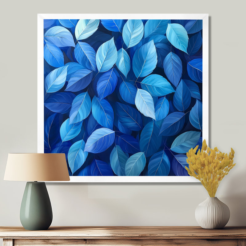 «Cobalt Leaves In Moon Light Collage II», art mural feuilles, H 16 po x l 16 po, Reproduction encadrée d'une seule photo