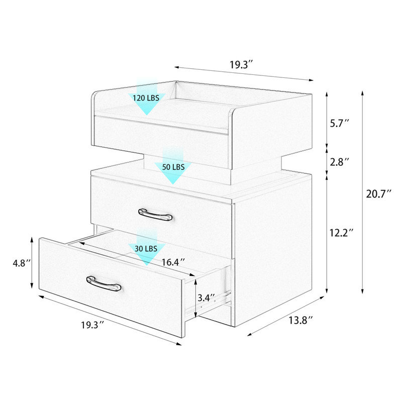 1 Set Nightstand with Adjustable LED Strip Light, 2-drawers, Large Storage Space, Suitable for Bedside Table, Coffee Table, Sofa Side Table or End Table for Study Desk