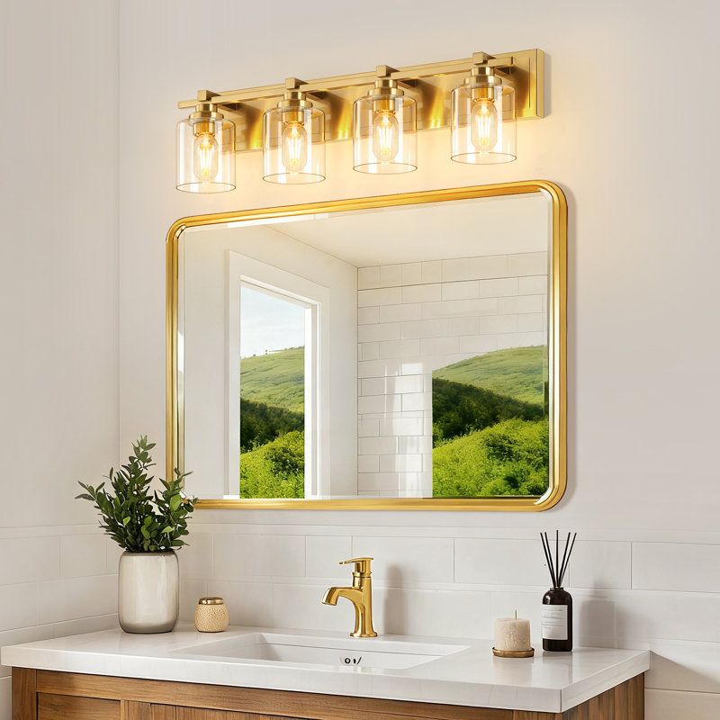 Luminaire de salle de bain moderne 4 lumières au-dessus du miroir, lumières de meuble-lavabo en laiton, abat-jour en verre transparent, douille E26 (ampoules non incluses)
