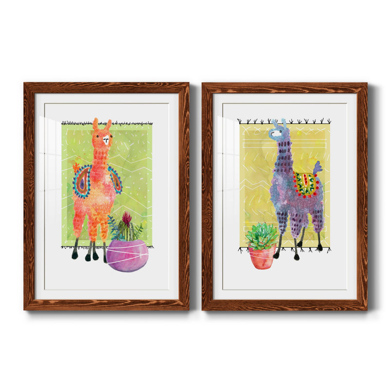 «Lovely Llama I», ensemble de 2 reproductions d'art, Papier avec cadre érable, Blanc, H 37,5 po x l 55 po x P 1,5 po