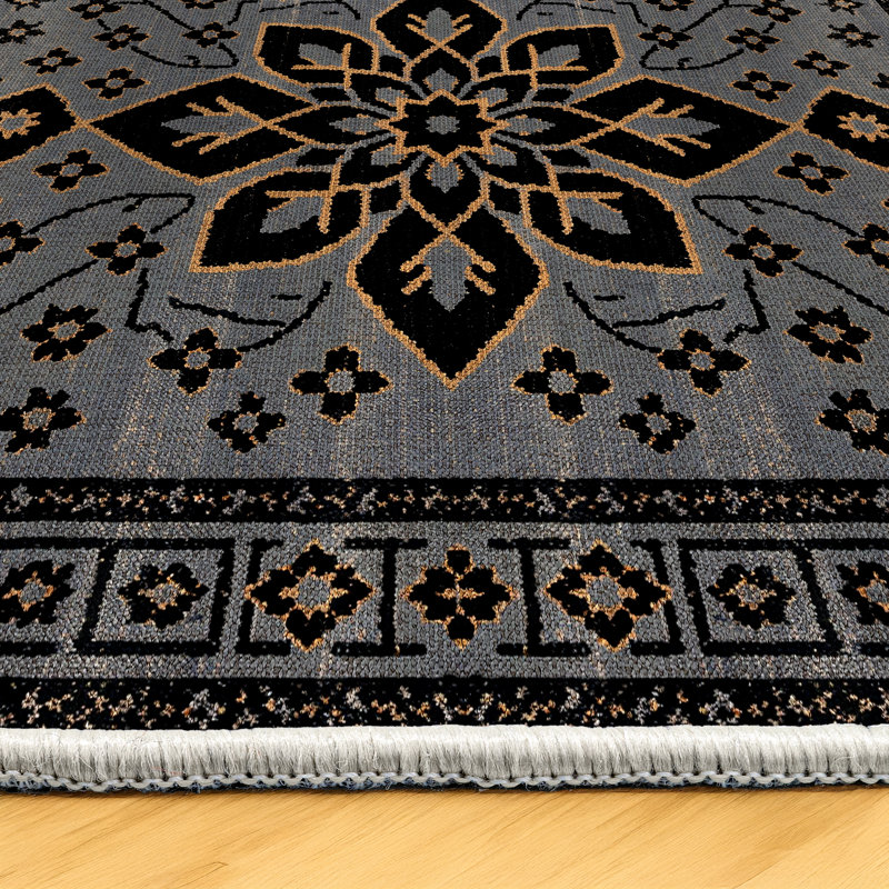 Gretell Collection Digital Print Cotton-Polyester Gray Floral Rug, Runner 2'8" x 13'2"