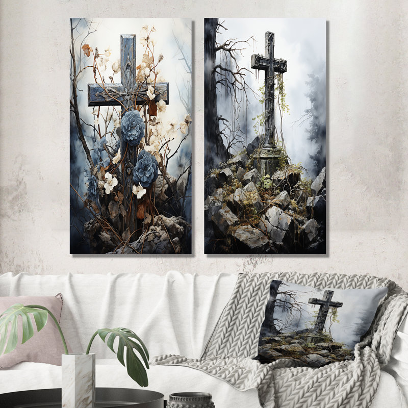 " Religious Cross Sacred Solace " 2 - Pieces, Wrapped Canvas, 32" H x 32" W