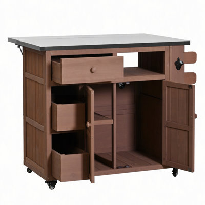 Outdoor Solid Wood Extendable 19.3"/28" Kitchen Island, Stainless Steel Top Grill Table with Side Spice Rack, Kitchen Cart with Drawers, Storage Cabinet for Backyard, BBQ,Party