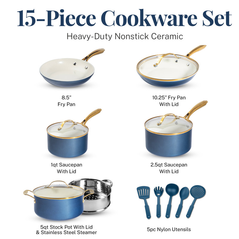 Navy and Gold 15-Piece Nonstick Stainless Steel Cookware Set