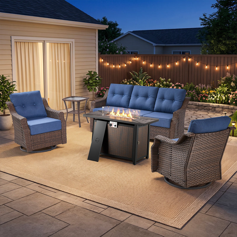 Circlarmino 5-Piece Outdoor Wicker Patio Conversation Set With Rectangle Metal Fire Pit, Swivel Gliders And Side Table For Patio