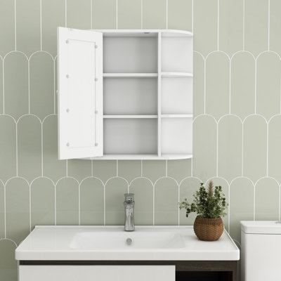 Wall Mounted Bathroom Storage Cabinet - 6 Open Shelves, 3 Adjustable, Coated White Mirror Door