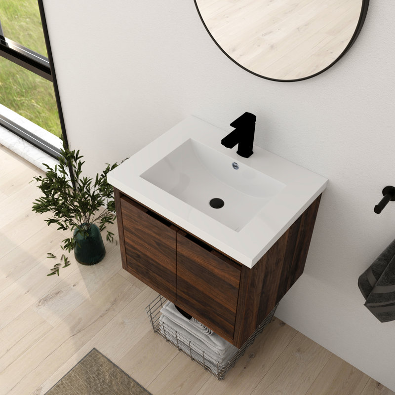 Zalet 24"Single Sink Wall Mounted Bathroom Vanity,Floating Vanity with 2 Doors,White Resin Basin Sink Top, Brown, 24"