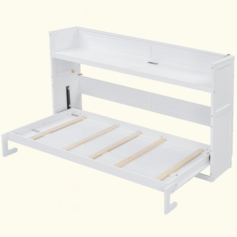Lit escamotable simple TG Perica avec bureau et charge USB Perica, Blanc antique 2