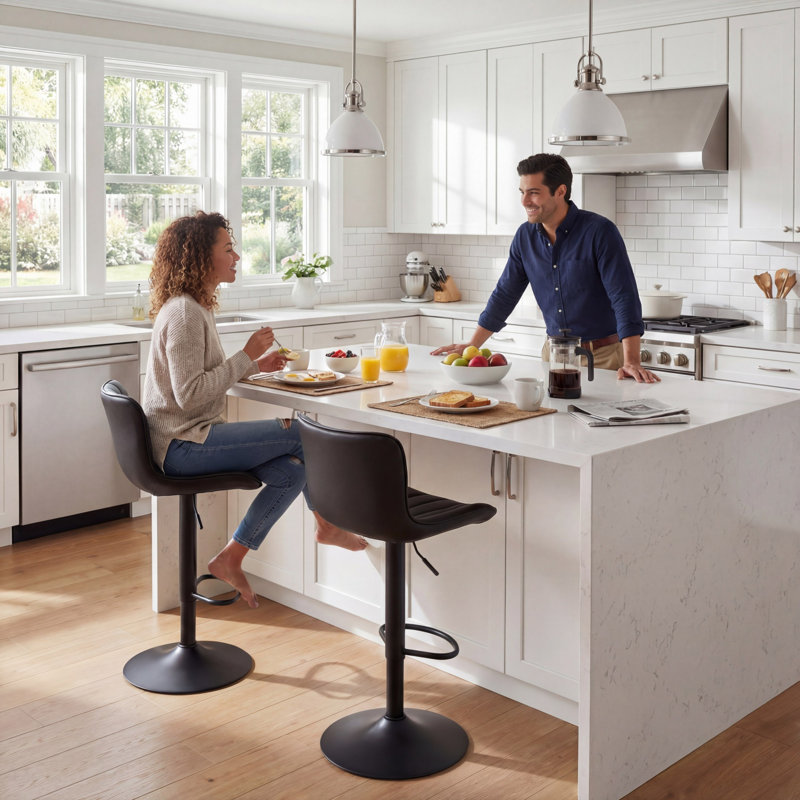Swivel Height Adjustable Bar Stools Faux Leather Upholstered Counter Stools With Metal Frame, Black