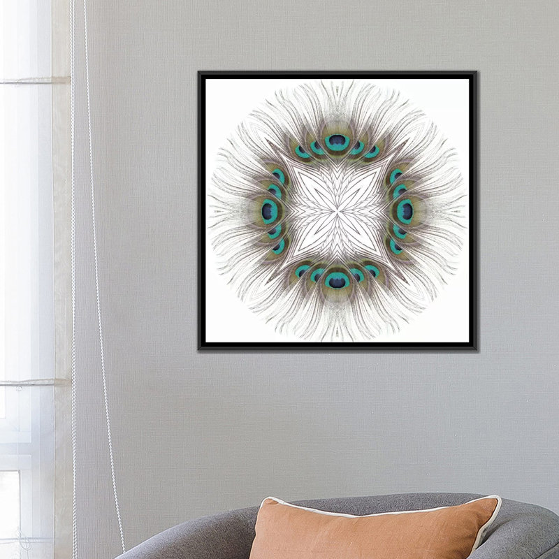 « peacock plumes mandala », reproduction sur toile, H 18 po x l 18 po x P 1,5 po, Toile encadrée noire, Pas de tapis