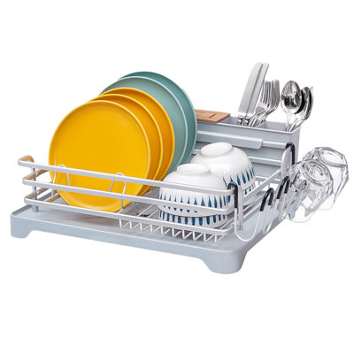 Aluminum Dish Drying Rack, Dish Racks for Kitchen Counter, Dish Drainer with Removable Cutlery Holder & Cup Holder, Unique 360° Swivel Spout Drainboard, (Gray)