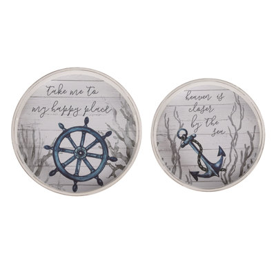  Wood 15.75 in. Multicolor Spring Coastal Ship Wheel Nested Trays Set of 2
