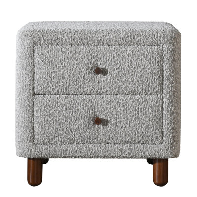 Grey Boucle 2-Drawer Upholstered Nightstand, Plush Boucle Upholstery And Wooden Legs, Nightstand