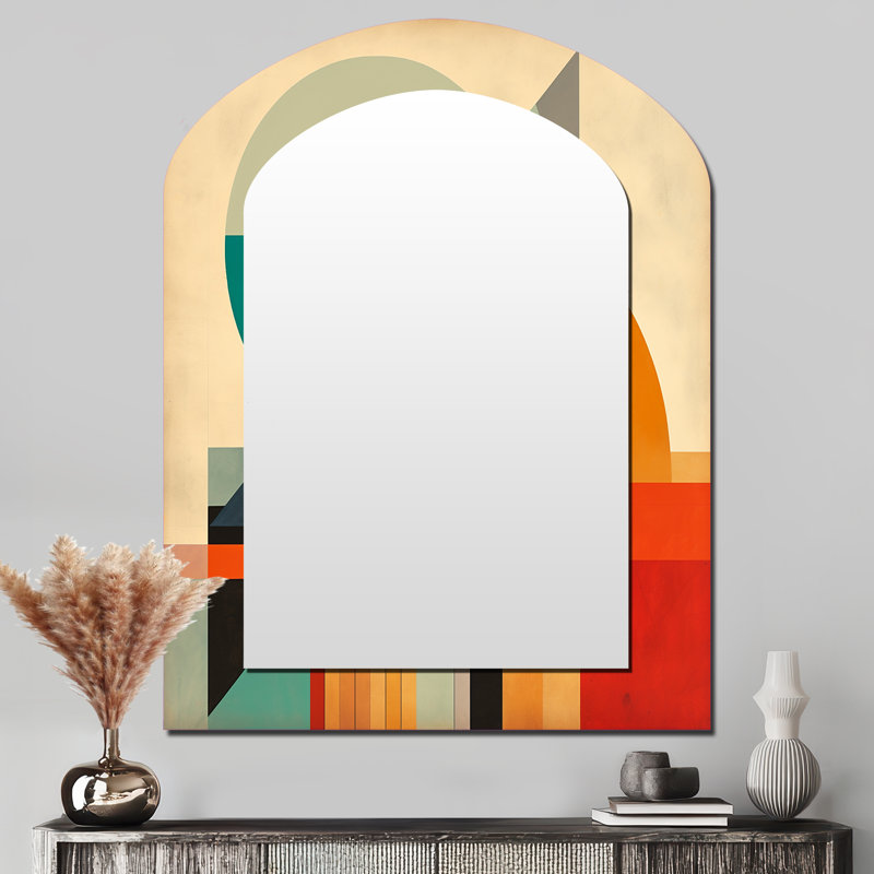 Full Moon Symphony Midcentury Abstract III - Midcentury Modern Asymmetrical Wall Mirror, Blue Arch Decorative Mirror, Printed Metal Art