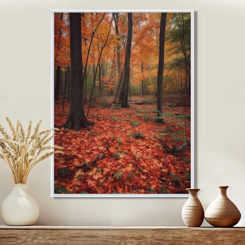 Feuilles d'automne dans la forêt d'érable - décoration murale arbre séquoia, Cadre flottant blanc, bois massif