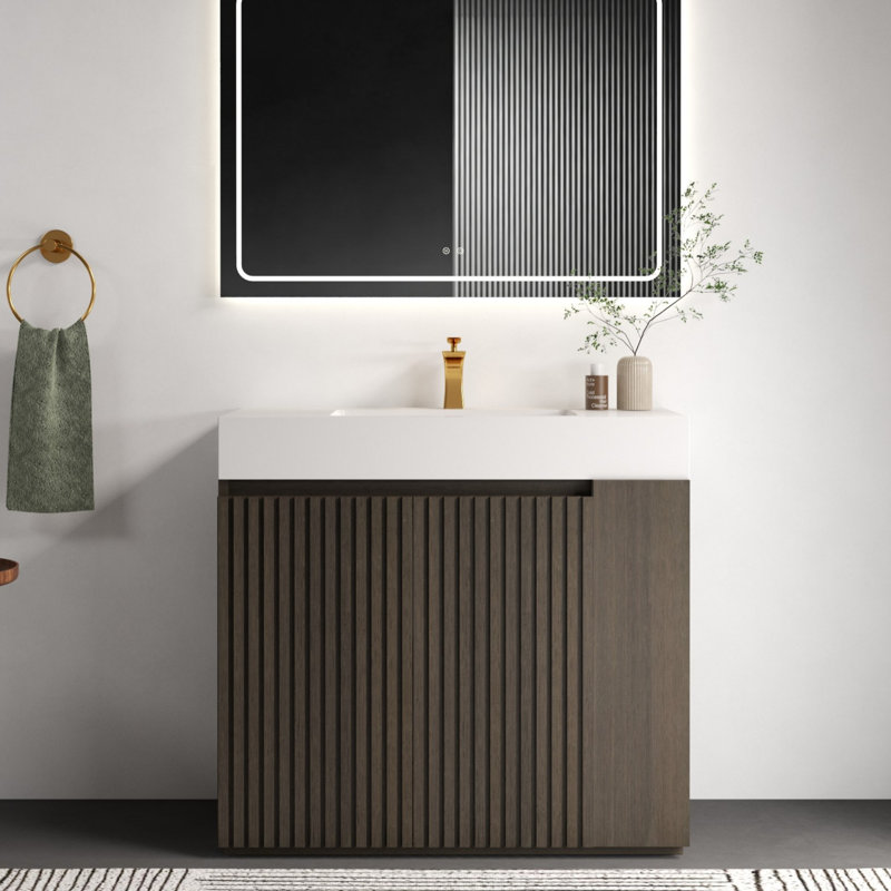 Meuble-lavabo moderne rétro avec lavabo, grand meuble-lavabo de rangement, lavabo en quartz à une pièce, Chêne fumé, Blanc