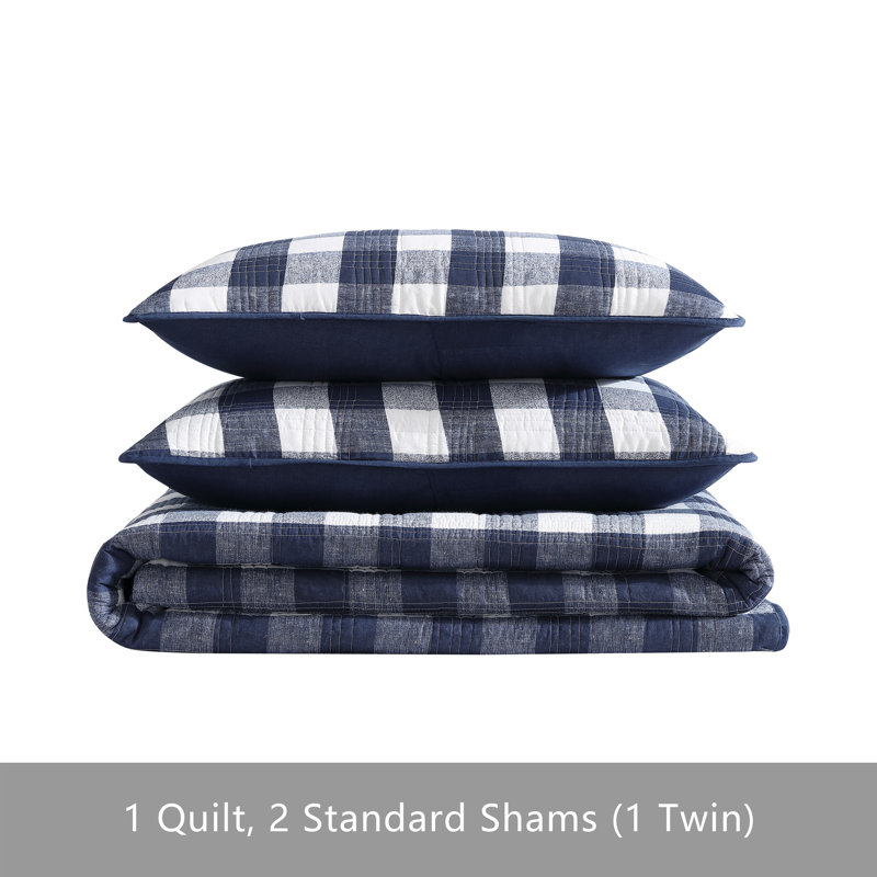 Twin White and Indigo Cotton Reversible Plaid Quilt Set