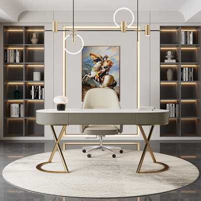 White+Gray+Gold Free Form Stone+Stainless Steel with 3 drawers desk