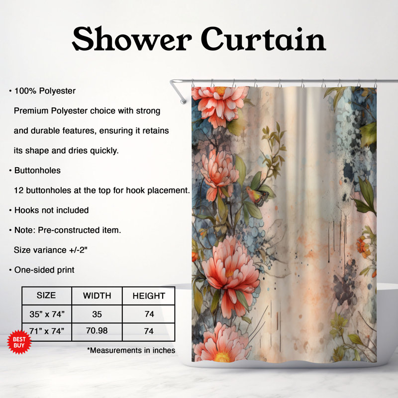 Grunge Flowers - Rideau de douche Premium, H 74 po x l 71 po