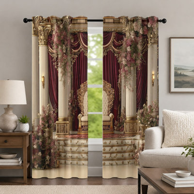 2 pièces de rideaux de style palais rétro, rideaux de fenêtre de style trône baroque européen, rideaux à imprimé floral élégants avec œillets, habillage de fenêtre pour le décor de la chambre à coucher
