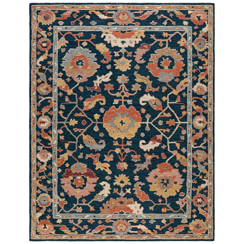 Menga Hand Tufted Wool Cotton Oriental Rug in Red/Navy, Rectangle 8' x 10'